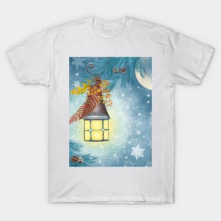 Antique streetlight and snowflakes watercolor illustration. Magic winter moon night. Autumn leaves, snow pine tree branch T-Shirt